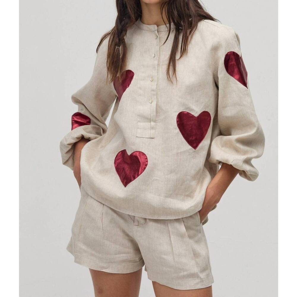 NEW LANHTROPY cupid linen shirt in natural with metallic cherry